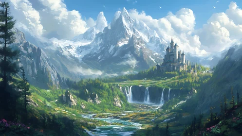 Majestic mountain castle rises above luminous waterfall valley