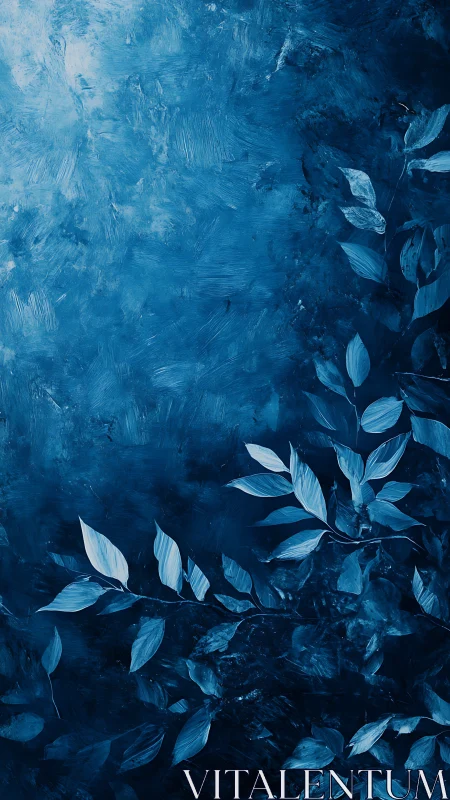 Textured blue botanical panel with luminous foliage accents.