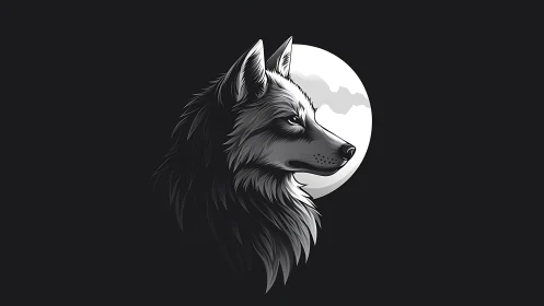 Monochrome wolf profile is rendered before a full moon