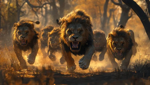 Pack of lions running through dust in savanna woodland setting