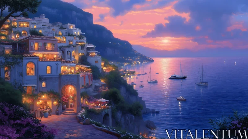 Terraced seaside lights drift gently into a lavender sunset