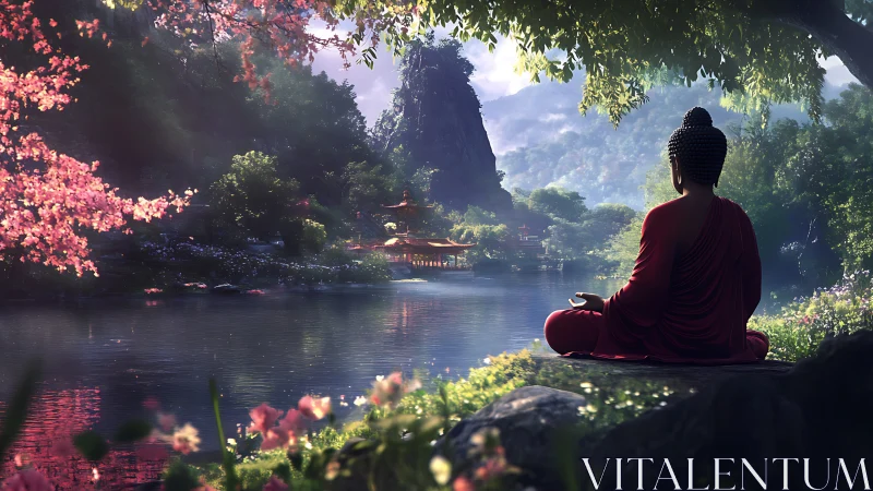 Serene Buddha meditates beside tranquil misty mountain lake