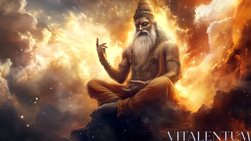 Meditating sage rendered in high dynamic range fiery cloudscape