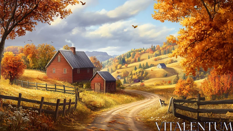 Autumn rural valley with red farmhouse, curved dirt road and layered depth