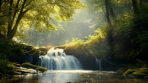 Golden Light Cascades Through the Forest Waterfall.