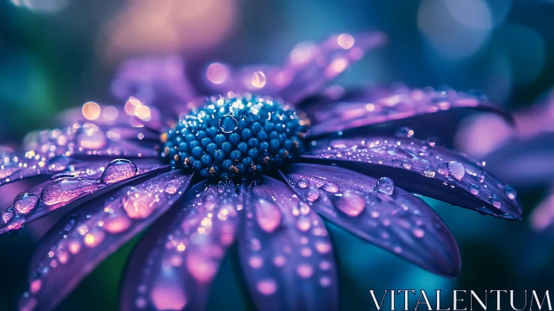 Dewy Purple Daisy Macro: Iridescent Petals and Blue Nucleus.