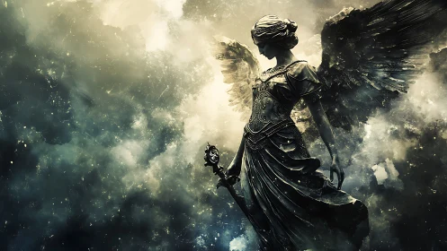 Blindfolded armored angel stands in stormlit celestial clouds
