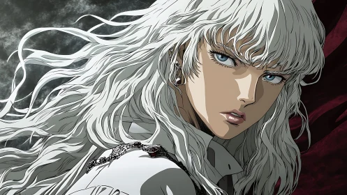 High-contrast anime portrait with dynamic hair and hard shading