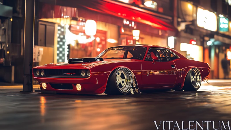 Low-slung red muscle car prowls neon-lit city streets at night.
