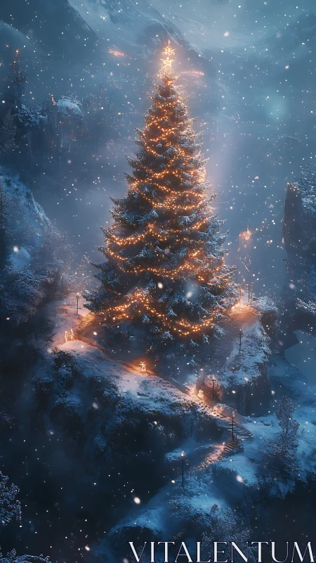 Majestic Christmas tree glows warmly in a snowy mountain valley