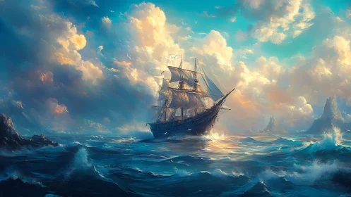 Tall ship under dynamic cloudscape and specular ocean lighting