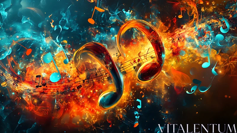 Fiery music notes whirl through cosmic neon soundstorms
