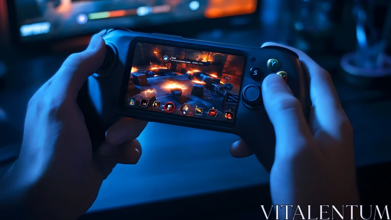 Hands gripping portable gaming device with action interface.