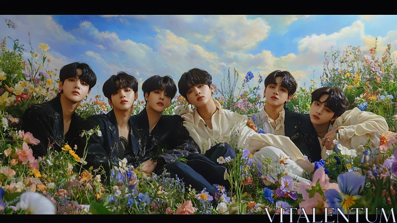 Six Young Men in Flower Field Portrait
