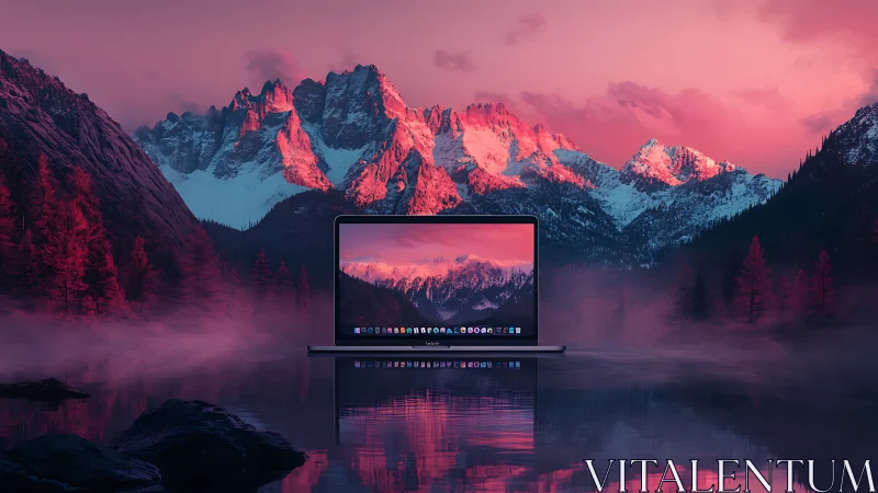Laptop screen mirrors neon alpine landscape over misty lake