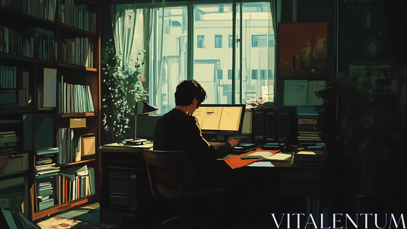 Solitary designer works in sunlit studio office interior.