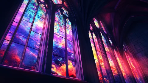 Cathedral skylight dreams pour neon galaxies through glass