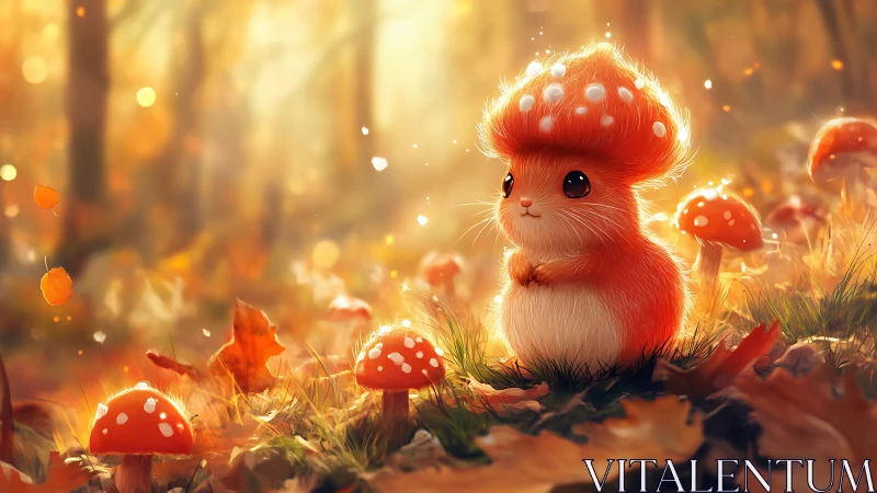 Mushroom-crowned forest fluffling basking in golden light.