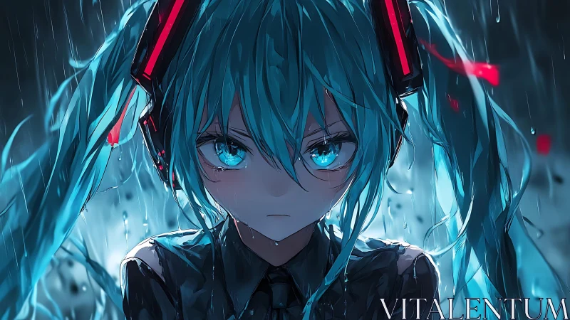 Blue haired anime girl stands in heavy rain with intense gaze