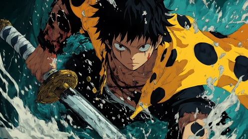 Determined anime hero charging forward through stormy waves.