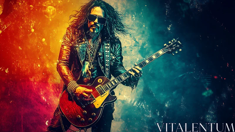 Digital painting of rock guitarist in split-spectrum lighting.