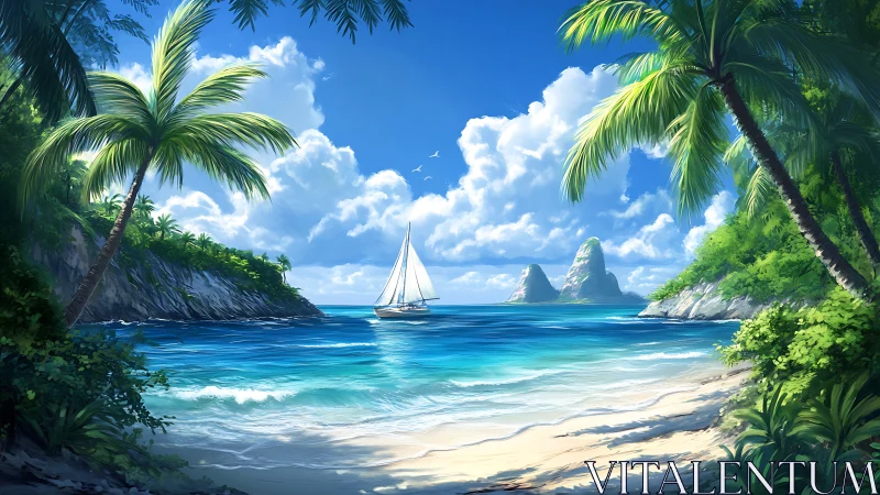 Tropical Coastal Paradise: Digital Landscape with Sailboat in Turquoise Waters