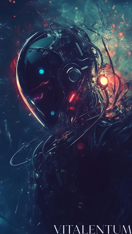 Cybernetic warrior emerges from neon-charged cosmic shadows