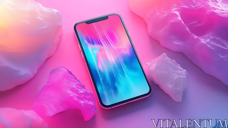 Neon smartphone glows amid pastel crystals in dreamy light