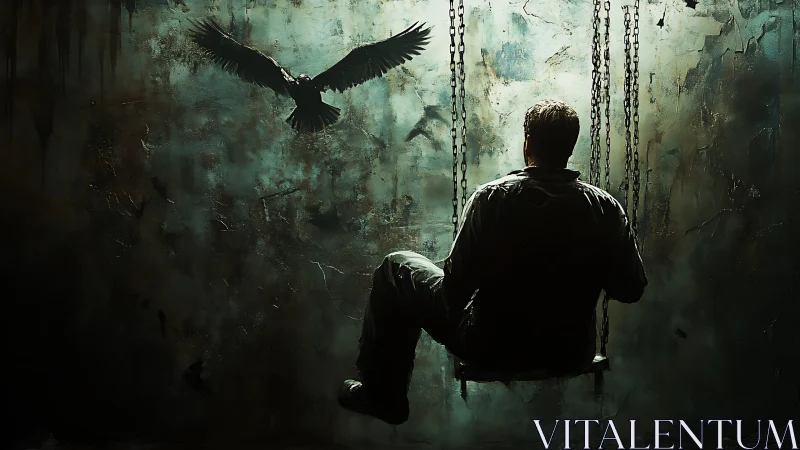 Solitary swing beneath a watchful black bird in flight.