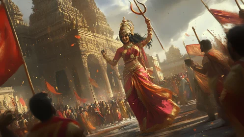 Temple procession goddess strides through storm of saffron light.