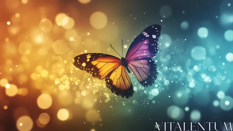 Radiant butterfly drifts through glowing bokeh cosmos.