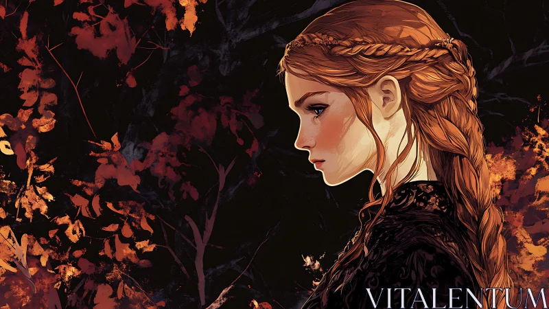 Autumn-haired dreamer gazing softly into the twilight woods.