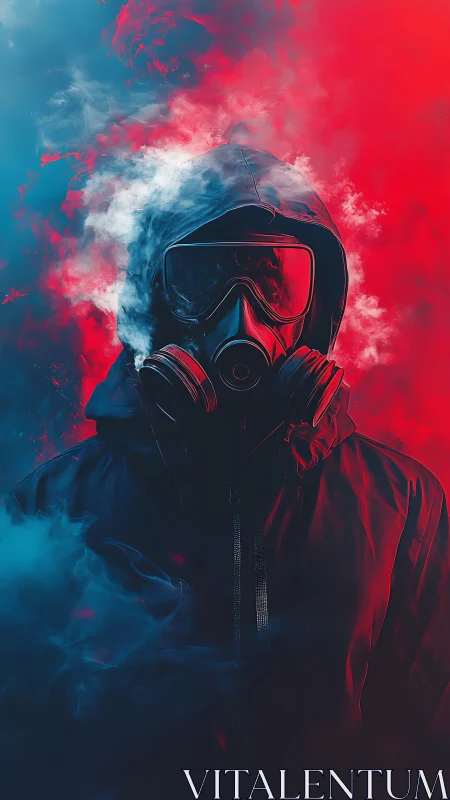 Gas mask figure in bifurcated neon fog and hooded silhouette.