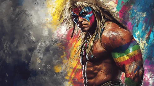Muscular warrior in tribal paint emerges from abstract color field
