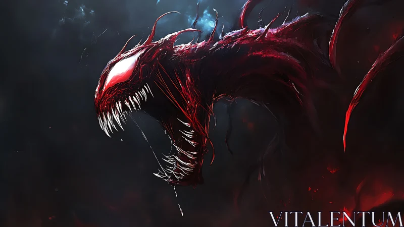 Digital painting of feral crimson symbiote head in voidscape.
