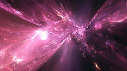 Fractal pink light vortex with radiating abstract forms.