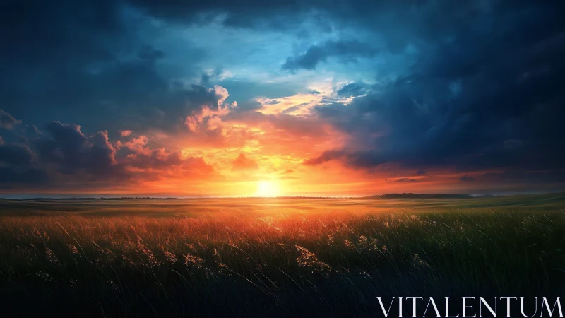 Spectral-gradient prairie horizon under volumetric storm clouds.