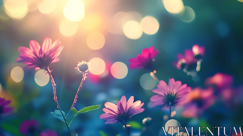 Shallow depth field rendering of magenta daisy-form flowers with bokeh light diffusion