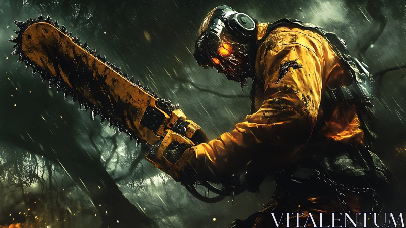Chainsaw warrior strides through the stormy haunted forest