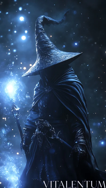Dark robed wizard stands amid glowing blue magical energy