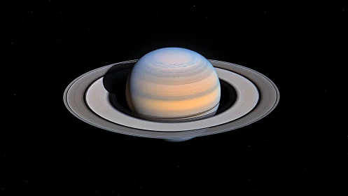 Ringed giant draped in icy halos over velvet-black cosmos.
