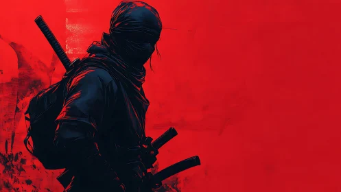 Stealth-clad ninja silhouette with dual katanas on red field