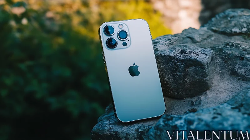 Silver smartphone positioned on weathered stone surface displaying triple camera system