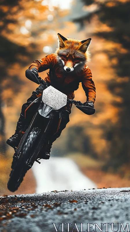 Fox-headed trail rider rips through blazing autumn forest.