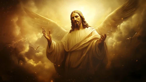 Radiant angelic figure in volumetric celestial light field.