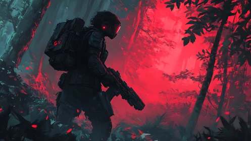 Neon dusk commando stalks a glowing red alien jungle. Period.