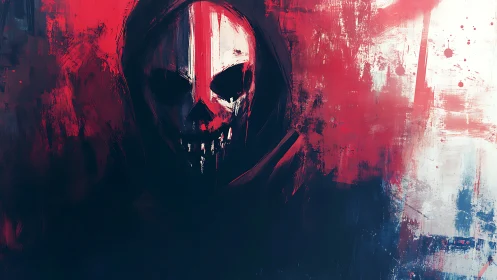 Hooded skull entity emerges from high contrast red-black void