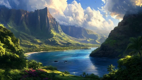 Volcanic Valley Coastal Landscape with Verdant Gorge and Azure Waters.