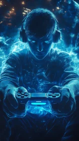 Intense blue gamer portrait with glowing controller focus.