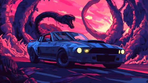 Midnight muscle car facing neon serpent on wild road.